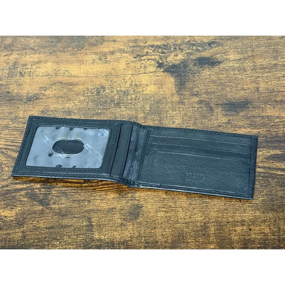 Fossil Leather Card Wallet Black Bifold Slim ID + 5 Card Slots